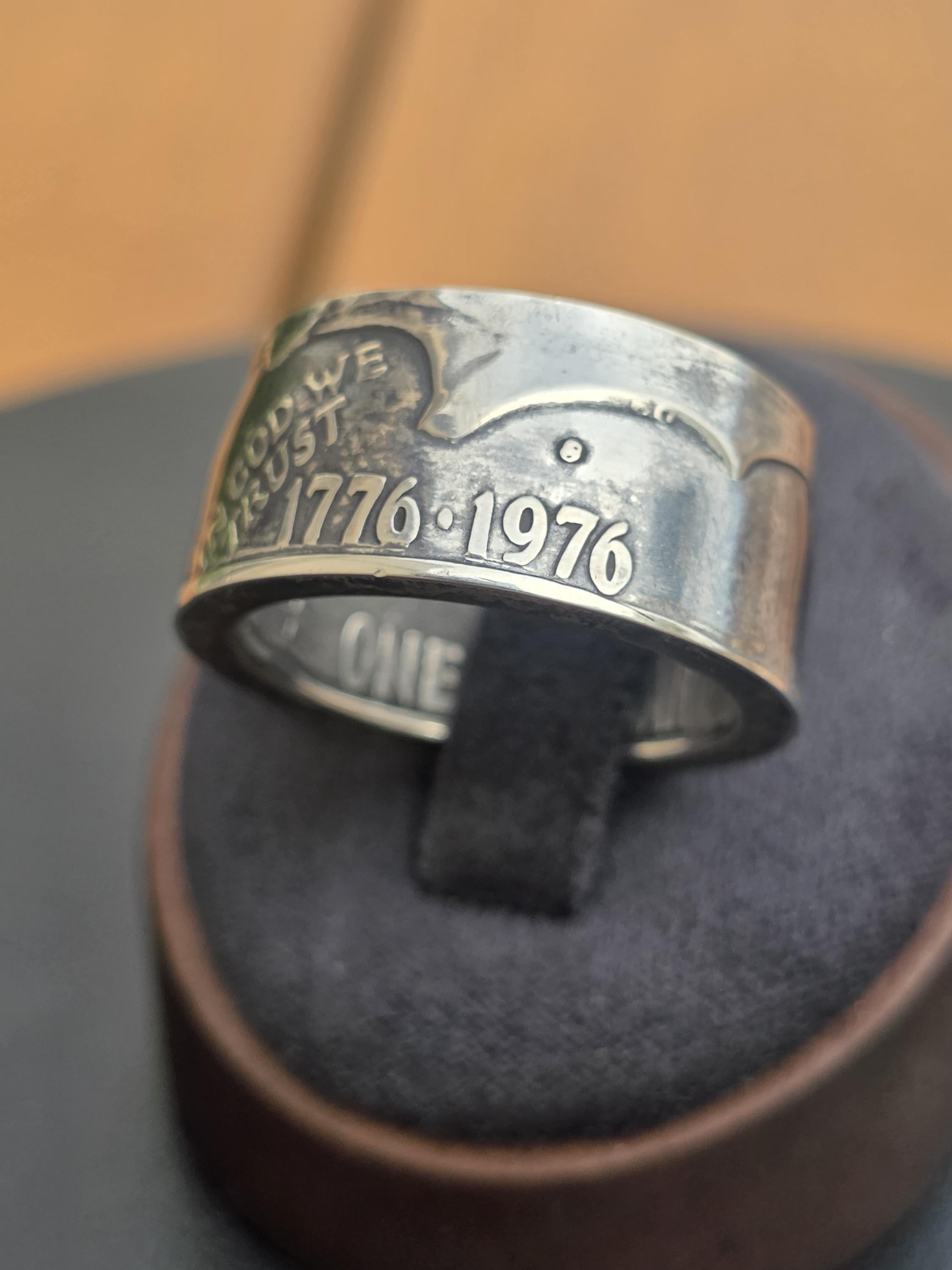 1776–1976 Eisenhower Bicentennial Silver Dollar Coin Ring — Custom Hand-Forged 40% Fine Silver Statement Band